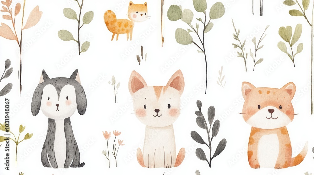 Naklejka premium Whimsical wallpaper for kids' rooms with pastel dog and cat illustrations, complemented by simple nature scenes on a white background.