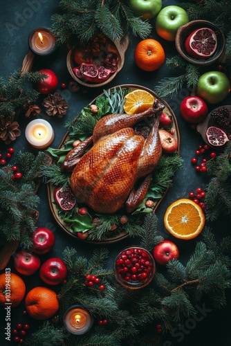 A beautifully arranged Thanksgiving feast with roasted turkey and seasonal fr...
