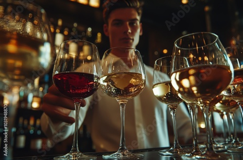 Bartender selecting fine wines in a stylish bar during an evening