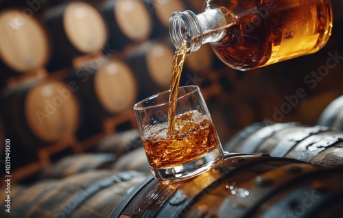 Pouring golden whiskey into a glass from a bottle in a rustic distillery setting