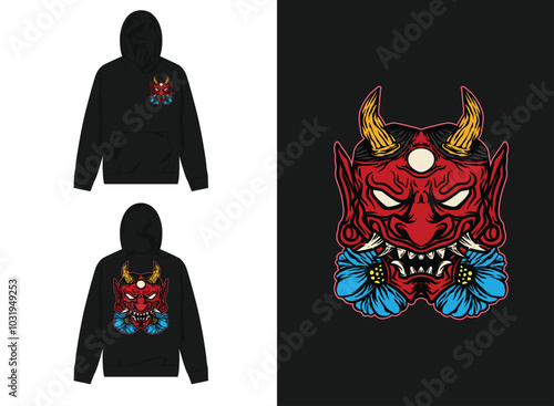 Japanese Streetwear Design, Illustration of Oni Mask with 3 Eyes photo