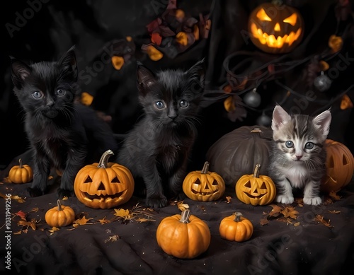 playful kittens pose with Halloween pumpkins in a festive autumn setting photo