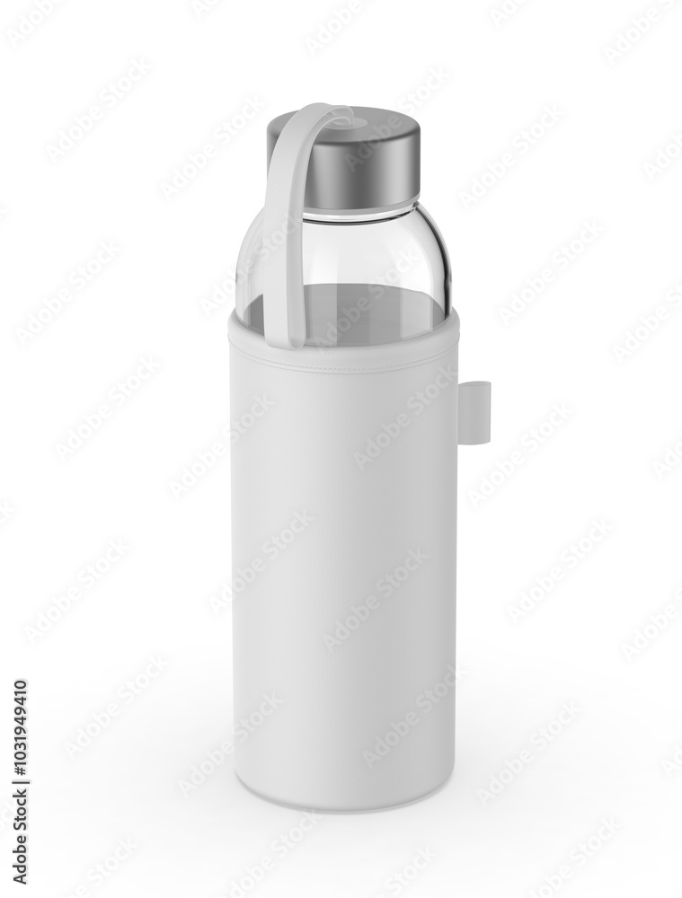 Blank glass water bottle with blank bottle sleeve 3d render illustration. Blank glass water bottle with blank bottle sleeve 3d render illustration.