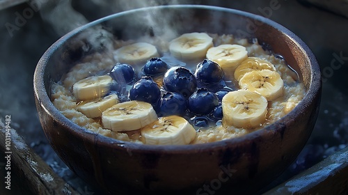 A bowl of oatmeal topped with banana slices and blueberries, steaming on a wooden surface.