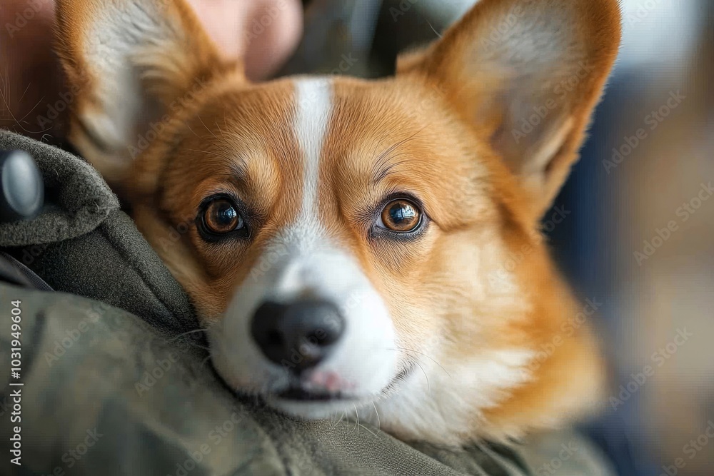 Cute corgi dog looking to the camera while being held by his owner at the vet clinic, selective focus, copy space. Pet health care concept, Generative AI Cute corgi dog looking to the camera while being held by his owner at the vet clinic, selective focus, copy space. Pet health care concept, Generative AI
