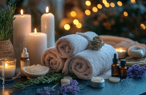 Relaxing spa setup with candles, essential oils, and towels in a serene indoor environment