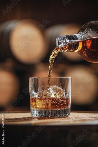 Pouring a rich amber whiskey over ice in a glass, showcasing craftsmanship an...