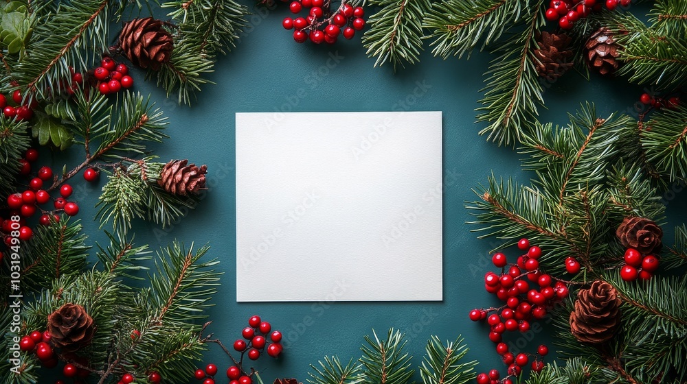 A blank card surrounded by festive pine branches and seasonal decorations for the holidays A blank card surrounded by festive pine branches and seasonal decorations for the holidays