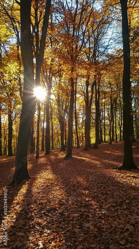 Naklejka premium Golden autumn sunlight filters through trees in a serene forest landscape at dusk