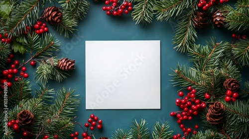 A blank card surrounded by festive pine branches and seasonal decorations for...