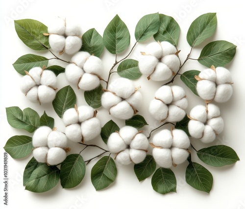 Cotton bolls and green leaves arranged on a white background for a fresh, nat...