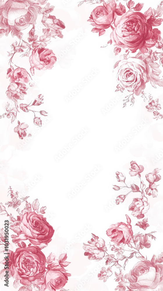 Aesthetic invitation card with frame in toile de jouy vintage floral pastel red and pink, copy space. Generative AI Aesthetic invitation card with frame in toile de jouy vintage floral pastel red and pink, copy space. Generative AI