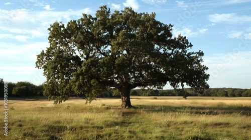 An isolated oak tree in a field.