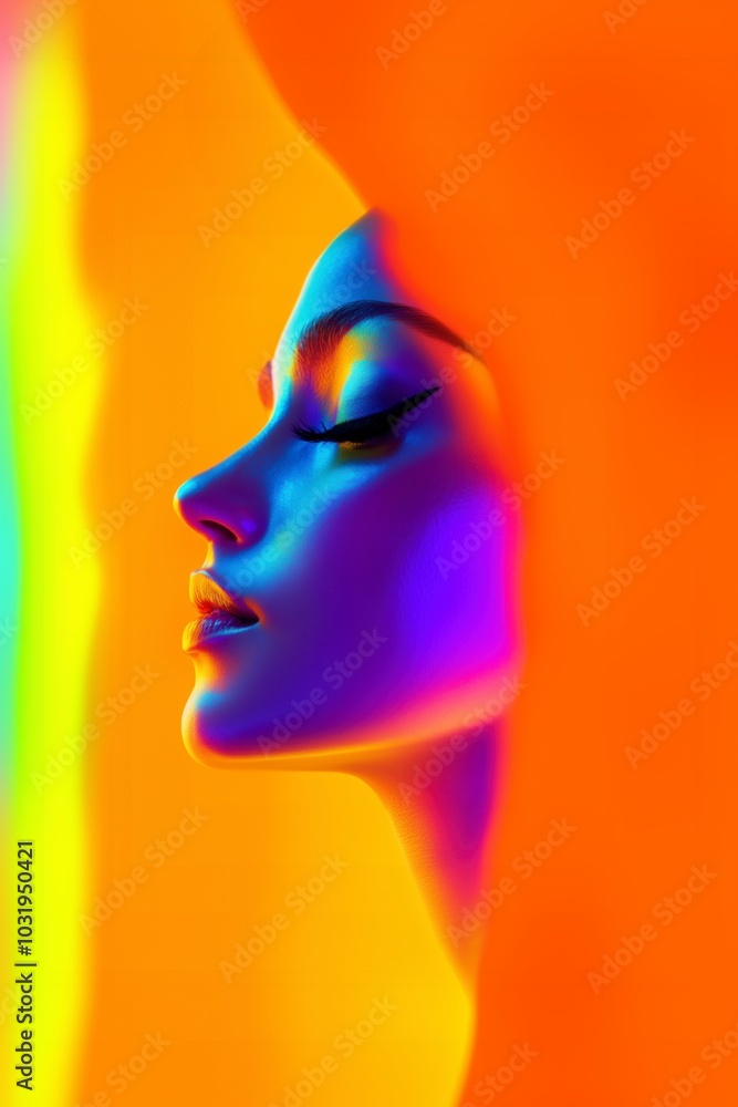 Woman's face lit with neon colors emerging from vibrant liquid. Immersive experience futuristic background. Woman's face lit with neon colors emerging from vibrant liquid. Immersive experience futuristic background.
