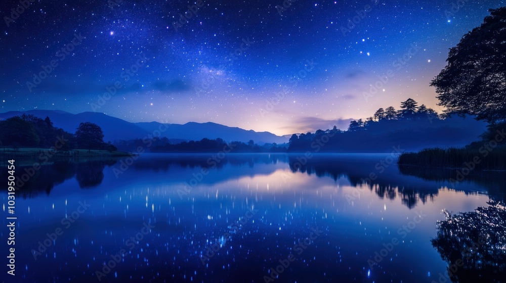 Starry Night Sky Reflecting Over Serene Lake Landscape Starry Night Sky Reflecting Over Serene Lake Landscape