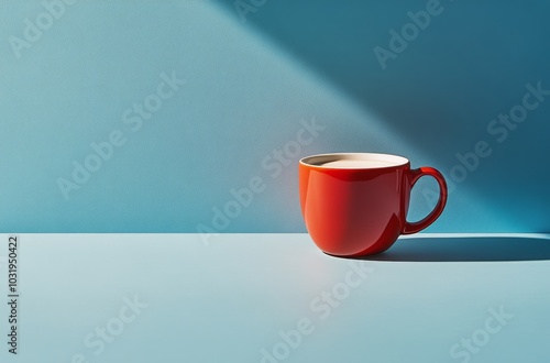 A steaming cup of coffee in a bright red mug on a blue surface showing mornin...