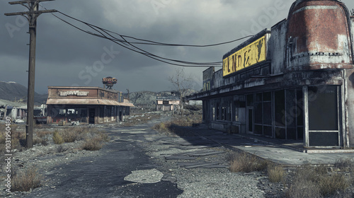 A ghost town with crumbling storefronts and an air of desolation.