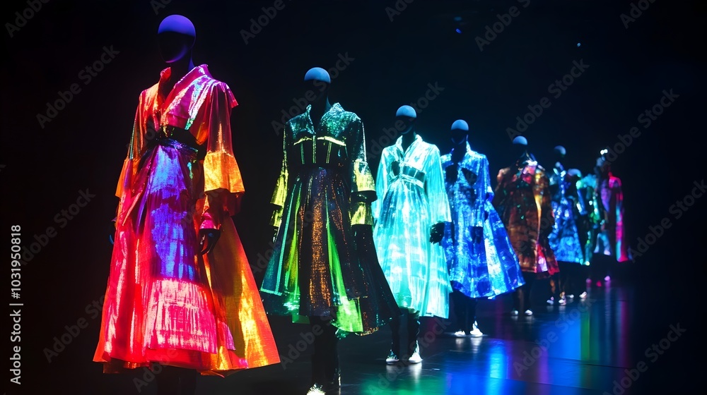 Fototapeta premium Quantum Superposition Fashion Show Displaying All Possible Styles Simultaneously in Vibrant Digital Showcase