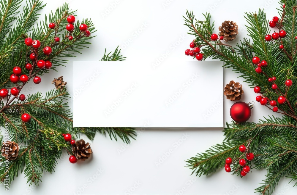 Festive arrangement of pine branches, berries, and pinecones with a blank card for holiday messages Festive arrangement of pine branches, berries, and pinecones with a blank card for holiday messages