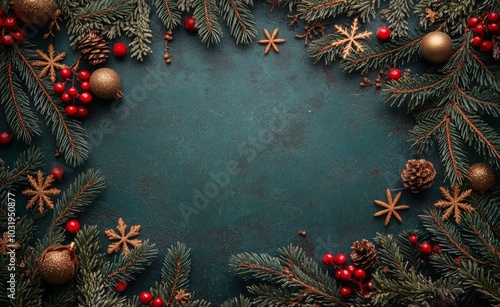 Festive holiday decor with pine branches, ornaments, and holly berries on a dark green background