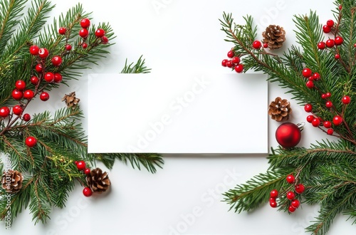 Festive arrangement of pine branches, berries, and pinecones with a blank card for holiday messages