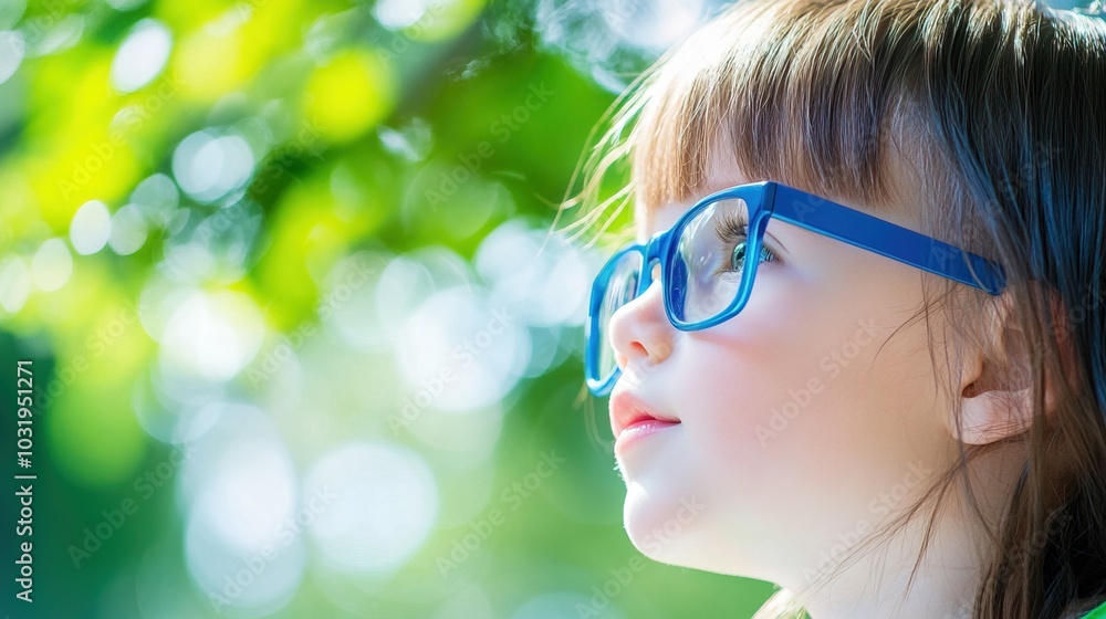 Young child wearing blue glasses focusing on distant tree outside window, symbolizing myopia prevention and importance of outdoor activities. Young child wearing blue glasses focusing on distant tree outside window, symbolizing myopia prevention and importance of outdoor activities.