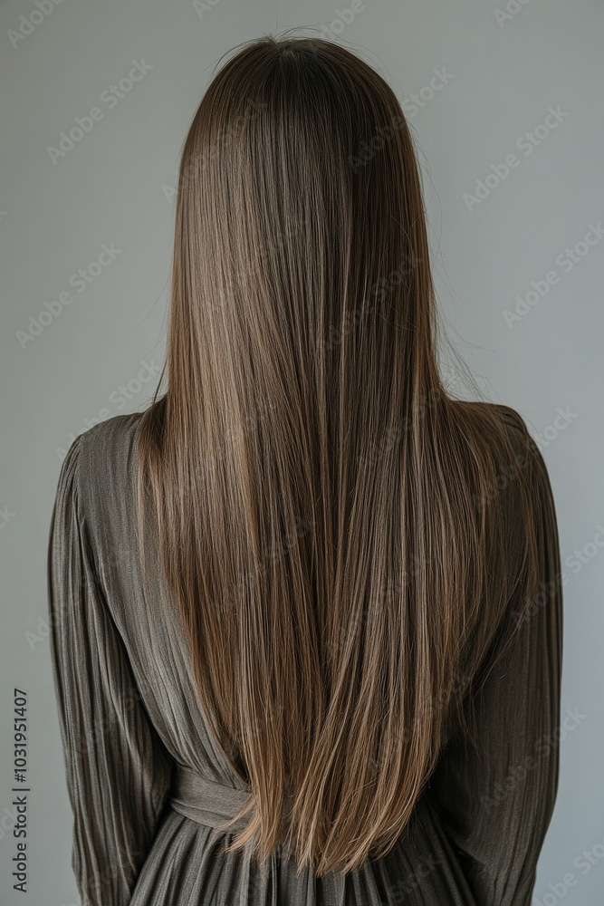 A person with long black hair in a ponytail poses in a dark dress against a plain background A person with long black hair in a ponytail poses in a dark dress against a plain background