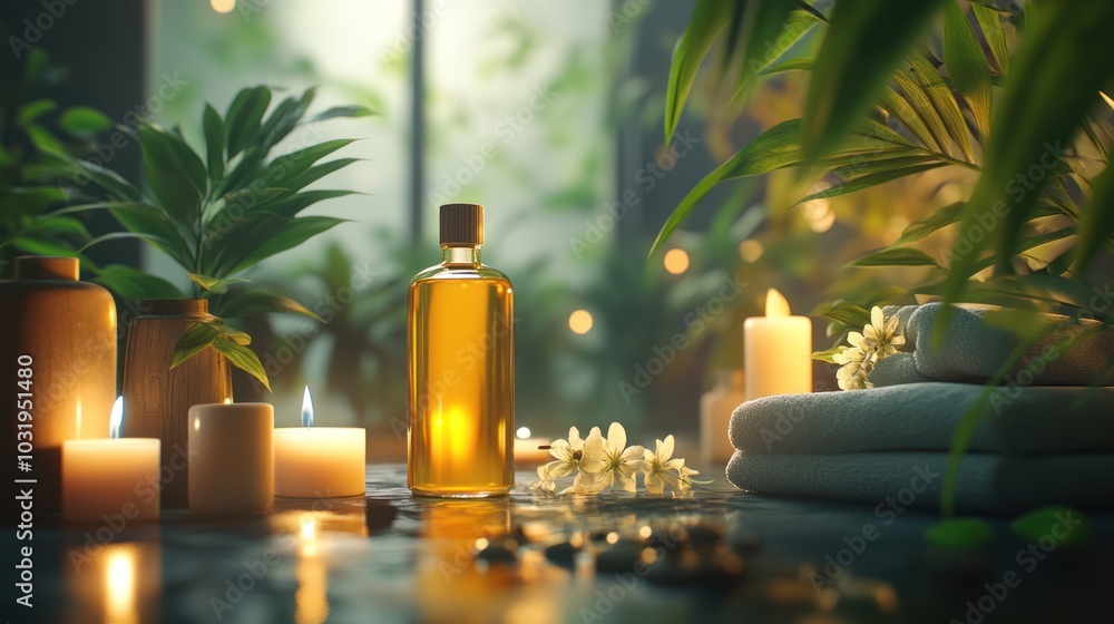 Relaxing Spa Setting with Candles and Oils Relaxing Spa Setting with Candles and Oils