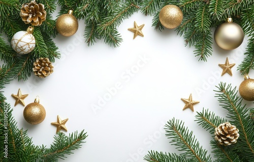 Festive holiday decorations with ornaments and pine branches arranged on a wh...