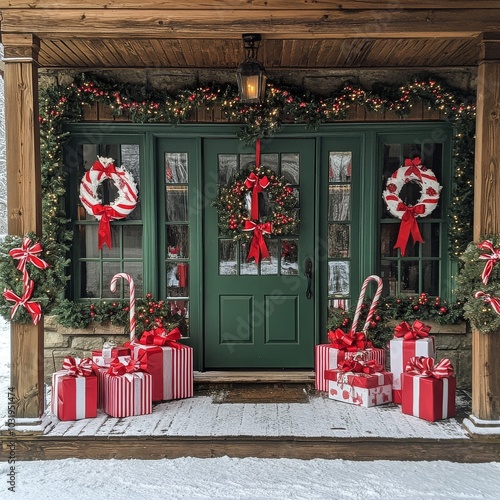 Cheerful holiday decorations adorn a cozy home entrance with snow and festive...