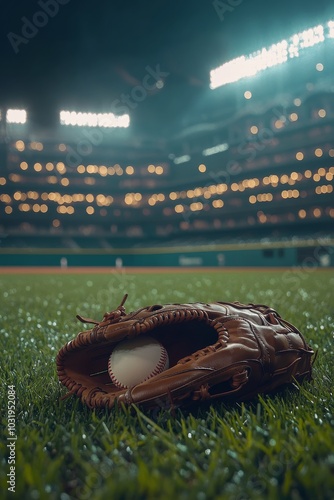 Nighttime baseball setting with a glove, cap, and ball on the lush green grass