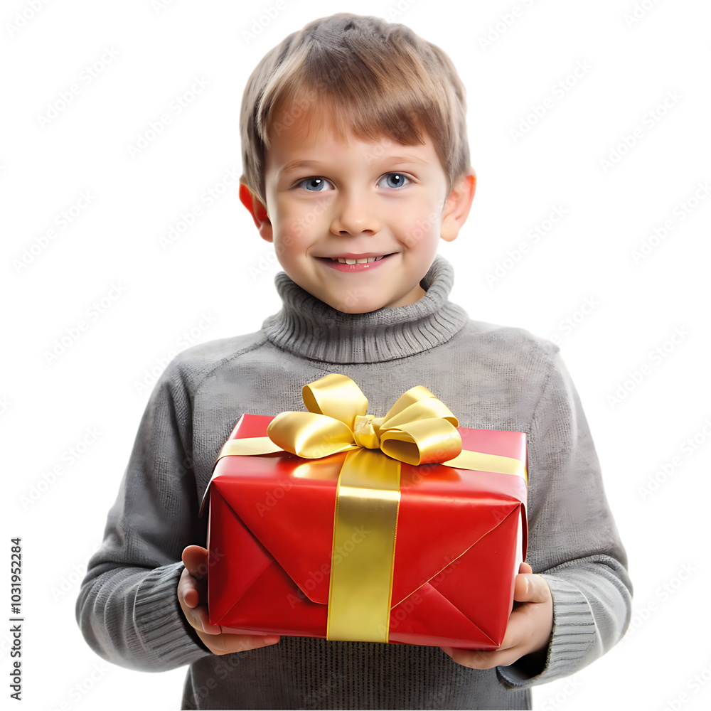 Happy child in red sweater and Santa hat holding Christmas present Happy child in red sweater and Santa hat holding Christmas present