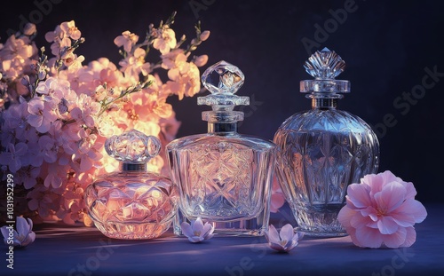 Elegant perfume bottles surrounded by cherry blossom flowers in soft evening ...
