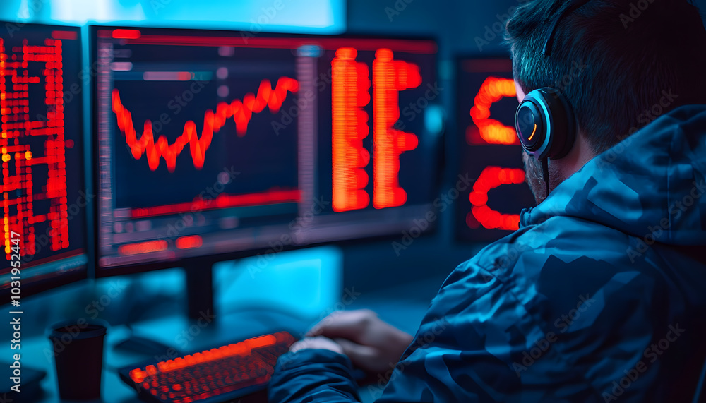 A person analyzes data on multiple screens, surrounded by red and blue lighting, wearing headphones, focused on intricate graphs and analytics. A person analyzes data on multiple screens, surrounded by red and blue lighting, wearing headphones, focused on intricate graphs and analytics.