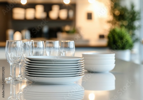 Elegant dining setup featuring stacked plates and glassware in a modern kitch...