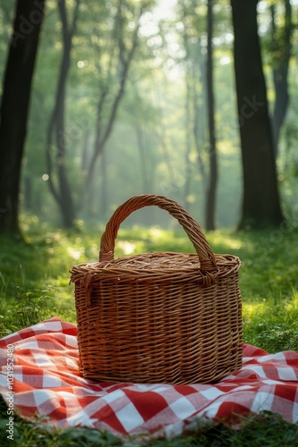 A cozy picnic setup with a woven basket on a red and white checkered blanket ...