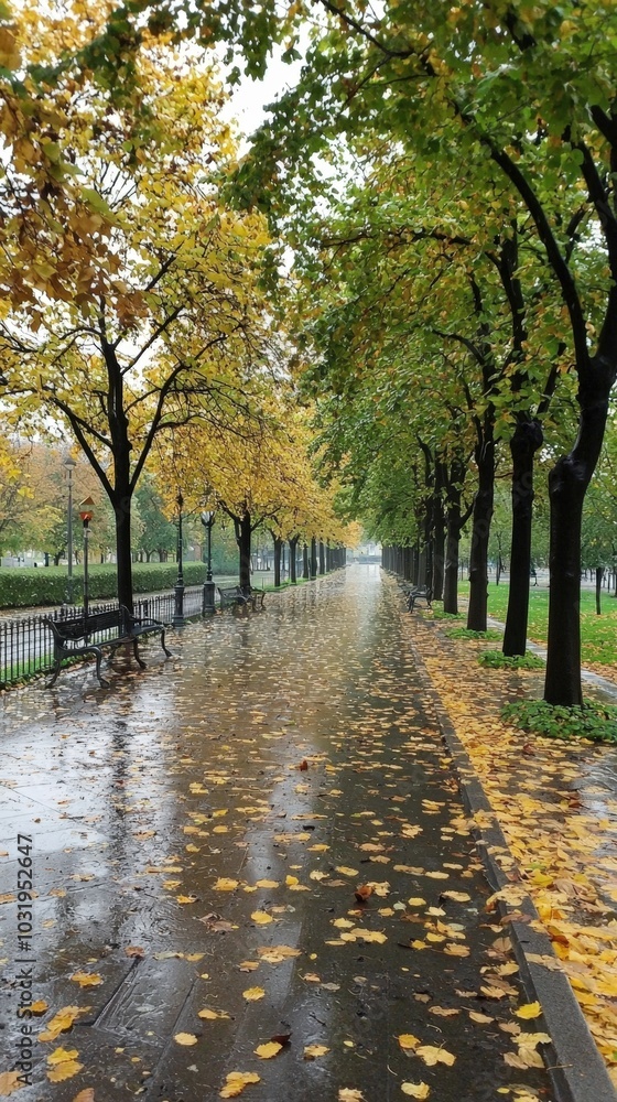A peaceful autumn walk through a rain-soaked park adorned with golden leaves A peaceful autumn walk through a rain-soaked park adorned with golden leaves