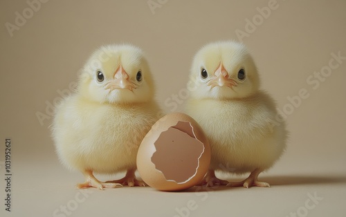 Newly hatched chicks exploring their surroundings beside an eggshell on soft fabric