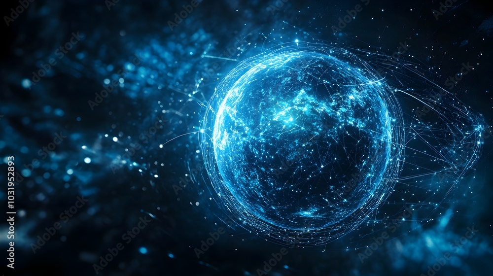 Obraz premium Luminous Quantum Entangled Sphere Linking Distant Planetary Systems in a Futuristic Digital Space