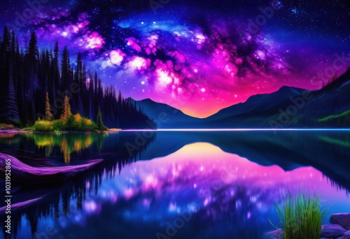 vibrant galaxy reflections serene lake water under starry night sky luminous colors celestial phenomena, stars, light, landscape, scenery, nature, beauty