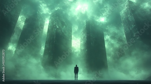 A man stands in front of a tall building in a foggy, misty environment