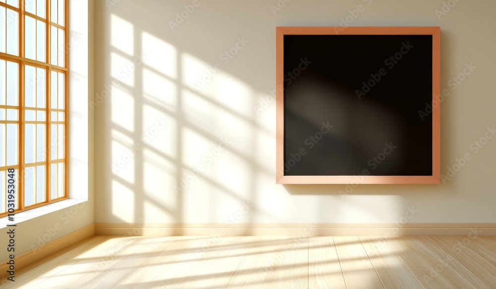 3D Rendering of a Mockup Black Screen on a Wall in Modern Interior with Tiled Wooden Floor 3D Rendering of a Mockup Black Screen on a Wall in Modern Interior with Tiled Wooden Floor