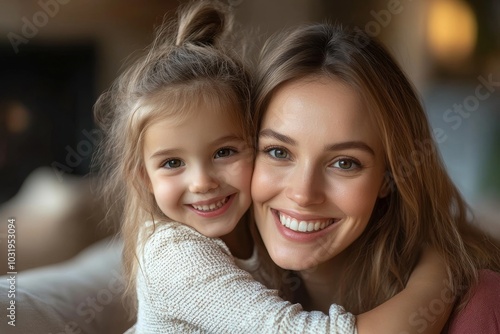 Excited pretty woman and little girl playing and spending time together, cute daughter embracing mommy from behind, sitting on sofa, Generative AI