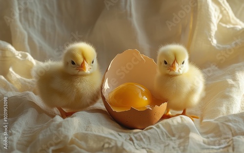 Two adorable newly hatched chicks sitting beside an eggshell in a cozy setting