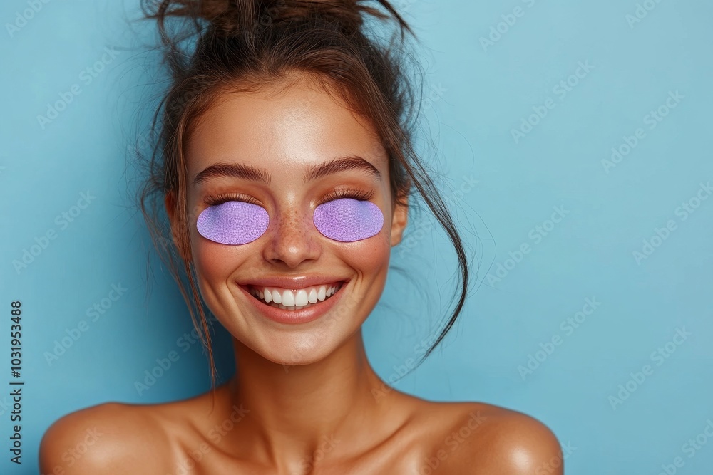 Beautiful happy young lady with moisturizing purple patches under her eyes posing over blue background and smiling. Modern beauty tools concept, Generative AI Beautiful happy young lady with moisturizing purple patches under her eyes posing over blue background and smiling. Modern beauty tools concept, Generative AI