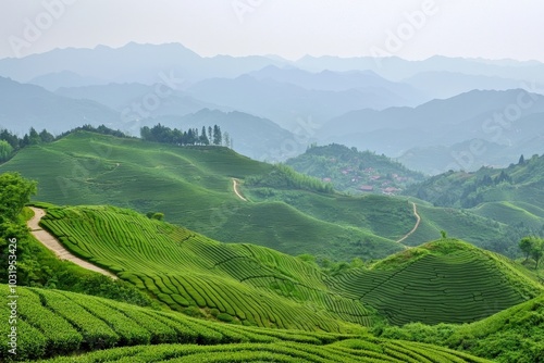 Lush green tea terraces stretch across rolling hills in the morning mist