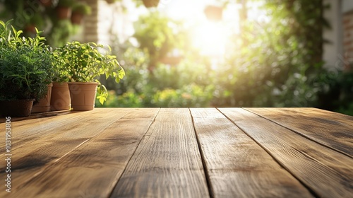 Serene Garden Scene with Wooden Table and Sunlight