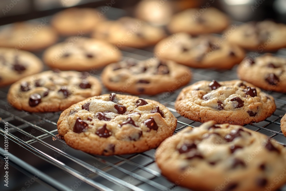A close-up of freshly baked homemade cookies cooling on a wire rack. Generative AI A close-up of freshly baked homemade cookies cooling on a wire rack. Generative AI