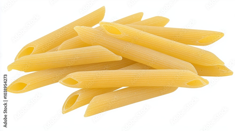 Uncooked Italian penne rigate pasta, isolated on a white background with a clipping path. The pasta is in full depth of field, providing a clear and detailed view of its shape and texture. Uncooked Italian penne rigate pasta, isolated on a white background with a clipping path. The pasta is in full depth of field, providing a clear and detailed view of its shape and texture.