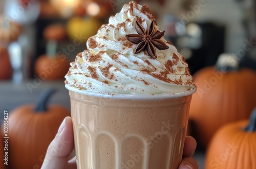 Delicious pumpkin spice beverage topped with whipped cream and spices during ...
